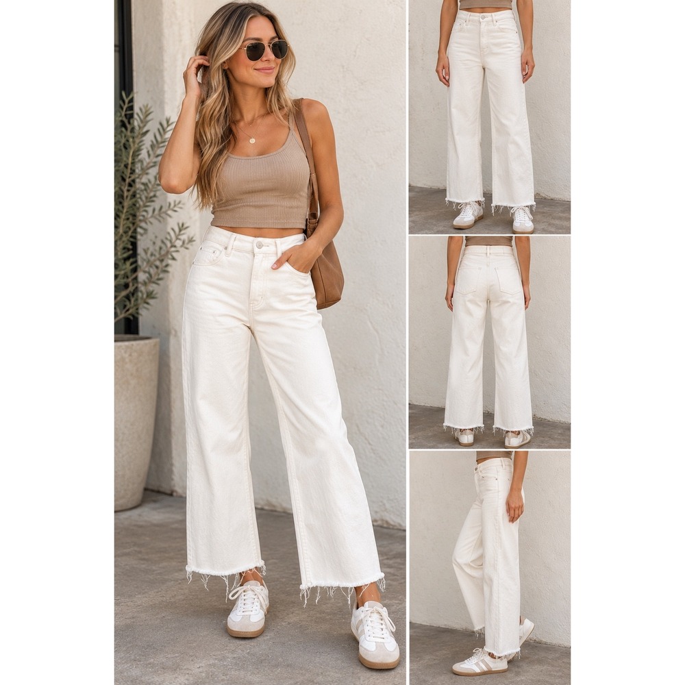 High Rise Wide Leg Raw Hem Jeans Off White Denim Patch Pocket Pants 23